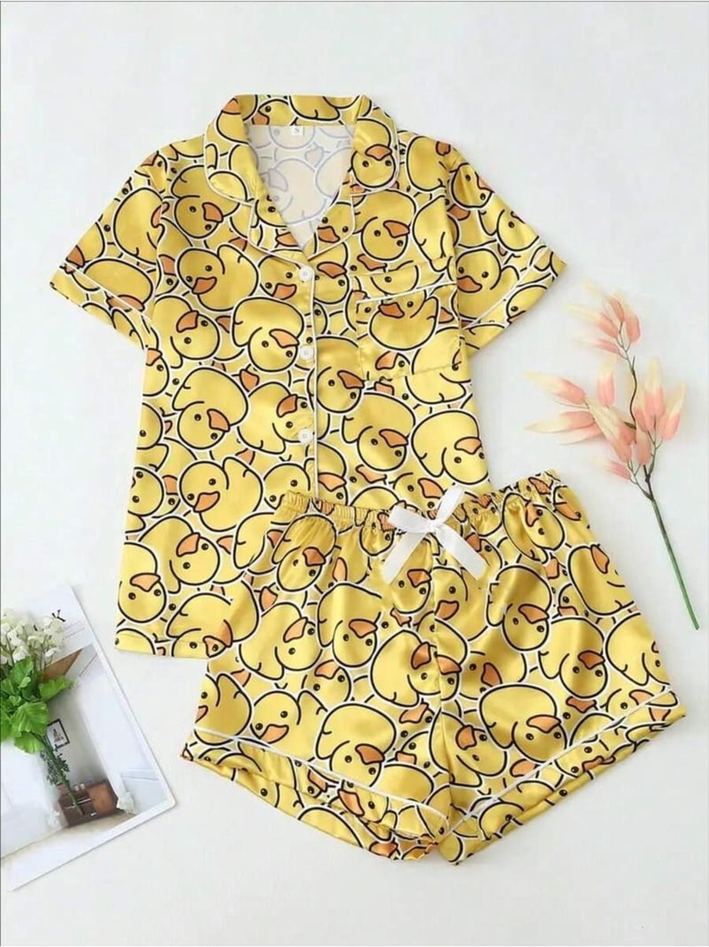 Yellow Duck Print Womens Short Sleeve Button Collar Pajama Set With Shorts